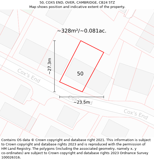 50, COXS END, OVER, CAMBRIDGE, CB24 5TZ: Plot and title map