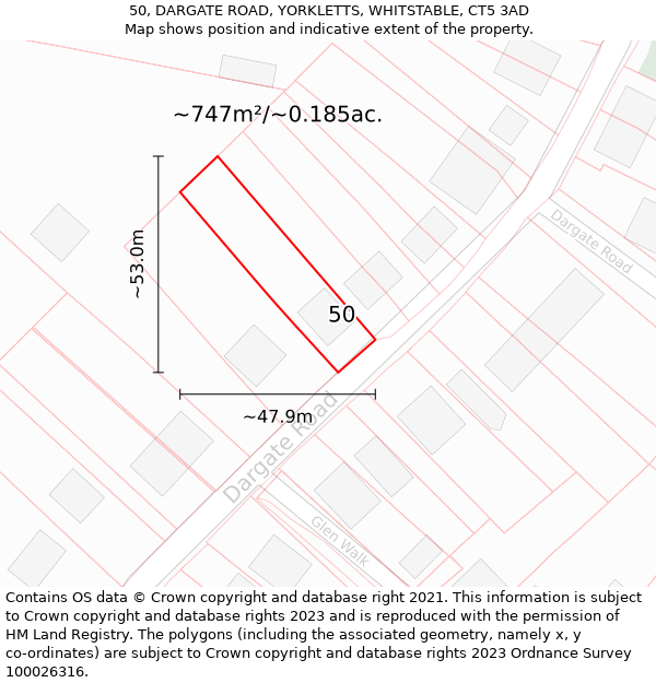 50, DARGATE ROAD, YORKLETTS, WHITSTABLE, CT5 3AD: Plot and title map