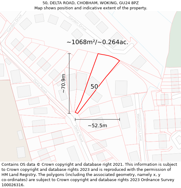 50, DELTA ROAD, CHOBHAM, WOKING, GU24 8PZ: Plot and title map