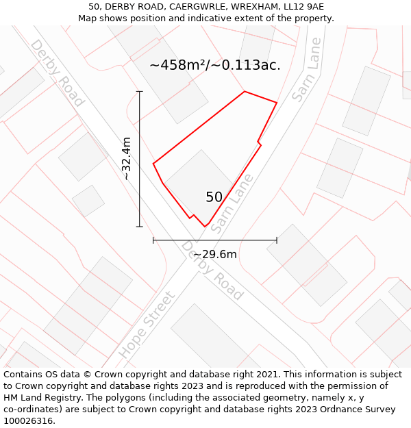 50, DERBY ROAD, CAERGWRLE, WREXHAM, LL12 9AE: Plot and title map