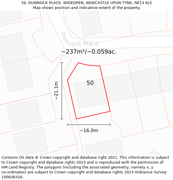 50, DUNNOCK PLACE, WIDEOPEN, NEWCASTLE UPON TYNE, NE13 6LE: Plot and title map