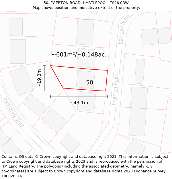 50, EGERTON ROAD, HARTLEPOOL, TS26 0BW: Plot and title map