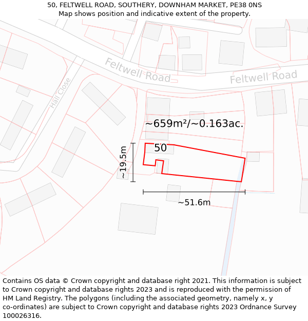 50, FELTWELL ROAD, SOUTHERY, DOWNHAM MARKET, PE38 0NS: Plot and title map