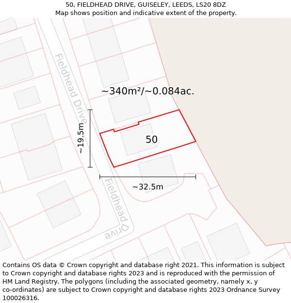 50, FIELDHEAD DRIVE, GUISELEY, LEEDS, LS20 8DZ: Plot and title map