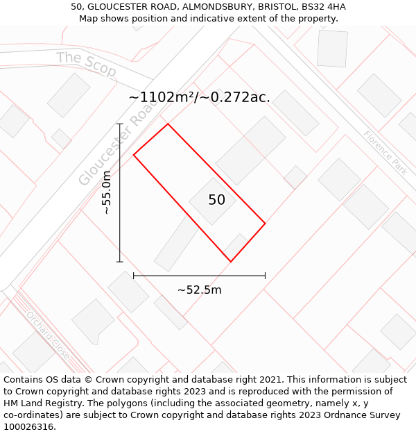 50, GLOUCESTER ROAD, ALMONDSBURY, BRISTOL, BS32 4HA: Plot and title map