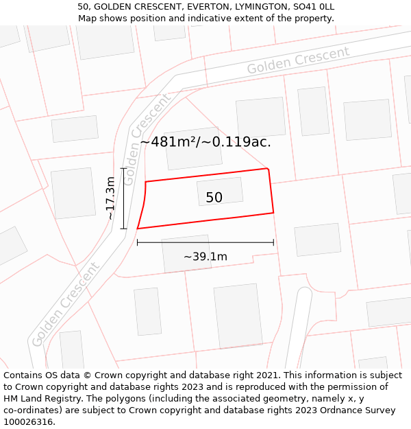 50, GOLDEN CRESCENT, EVERTON, LYMINGTON, SO41 0LL: Plot and title map