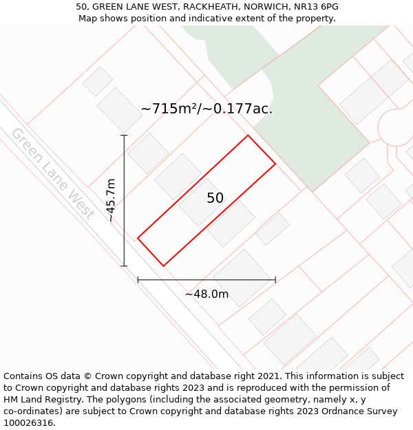 50, GREEN LANE WEST, RACKHEATH, NORWICH, NR13 6PG: Plot and title map