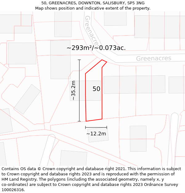 50, GREENACRES, DOWNTON, SALISBURY, SP5 3NG: Plot and title map