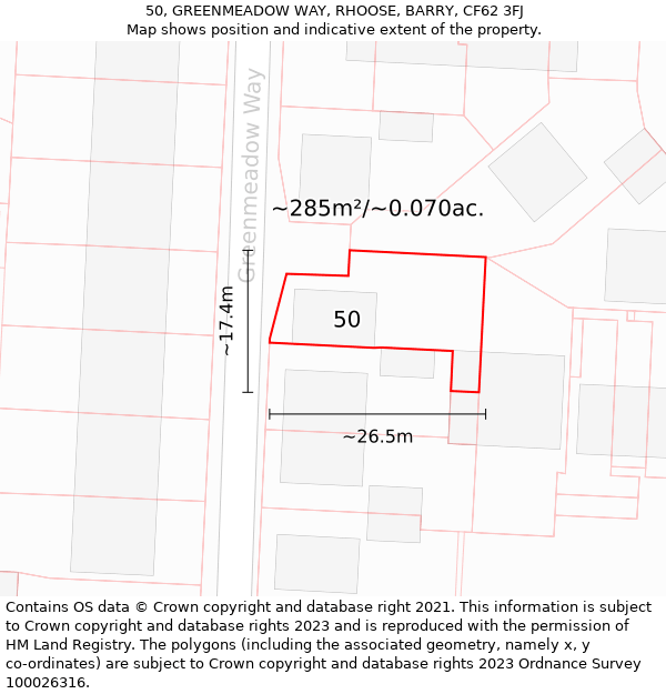 50, GREENMEADOW WAY, RHOOSE, BARRY, CF62 3FJ: Plot and title map