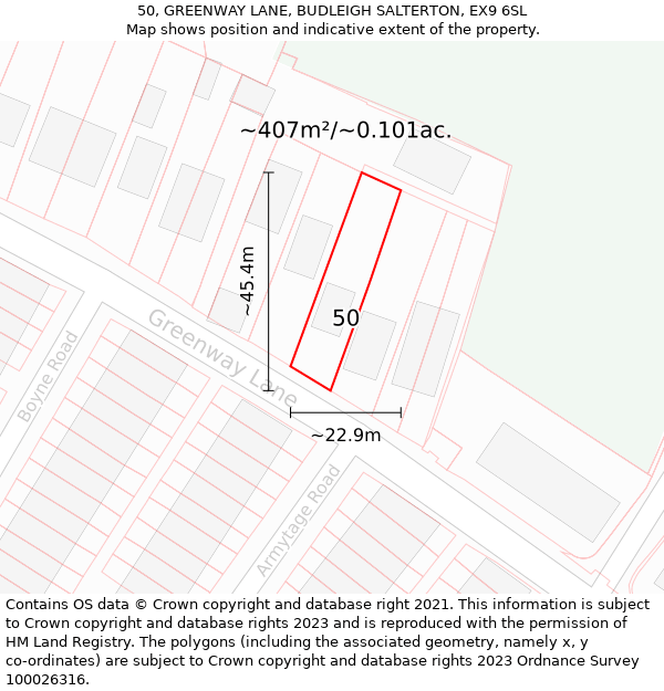 50, GREENWAY LANE, BUDLEIGH SALTERTON, EX9 6SL: Plot and title map