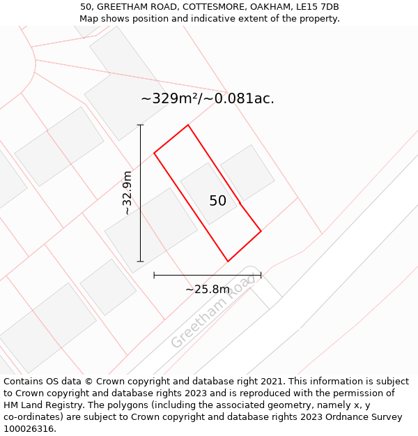 50, GREETHAM ROAD, COTTESMORE, OAKHAM, LE15 7DB: Plot and title map