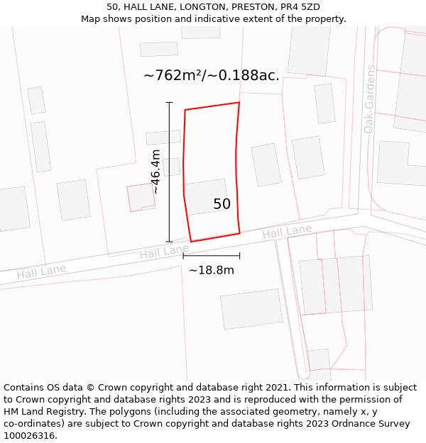 50, HALL LANE, LONGTON, PRESTON, PR4 5ZD: Plot and title map