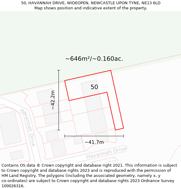 50, HAVANNAH DRIVE, WIDEOPEN, NEWCASTLE UPON TYNE, NE13 6LD: Plot and title map