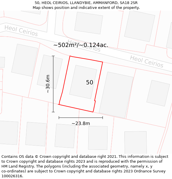 50, HEOL CEIRIOS, LLANDYBIE, AMMANFORD, SA18 2SR: Plot and title map