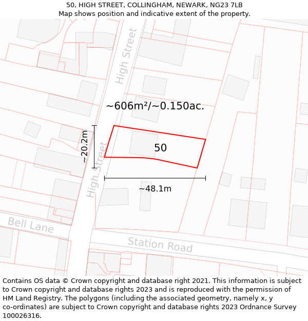 50, HIGH STREET, COLLINGHAM, NEWARK, NG23 7LB: Plot and title map