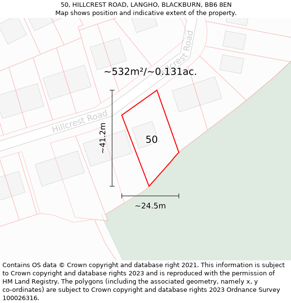 50, HILLCREST ROAD, LANGHO, BLACKBURN, BB6 8EN: Plot and title map