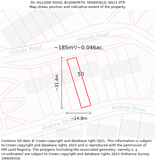 50, HILLSIDE ROAD, BLIDWORTH, MANSFIELD, NG21 0TR: Plot and title map