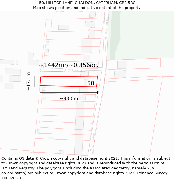 50, HILLTOP LANE, CHALDON, CATERHAM, CR3 5BG: Plot and title map