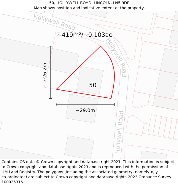 50, HOLLYWELL ROAD, LINCOLN, LN5 9DB: Plot and title map