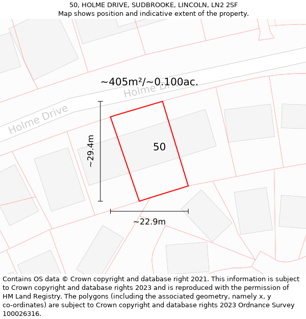 50, HOLME DRIVE, SUDBROOKE, LINCOLN, LN2 2SF: Plot and title map