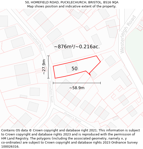 50, HOMEFIELD ROAD, PUCKLECHURCH, BRISTOL, BS16 9QA: Plot and title map