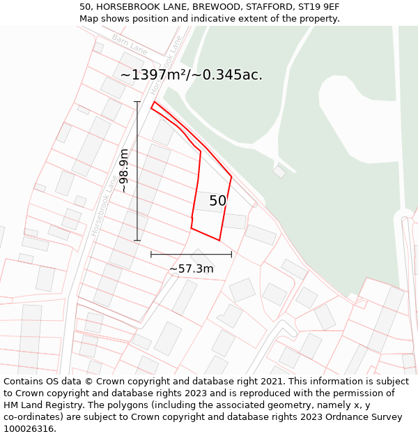 50, HORSEBROOK LANE, BREWOOD, STAFFORD, ST19 9EF: Plot and title map