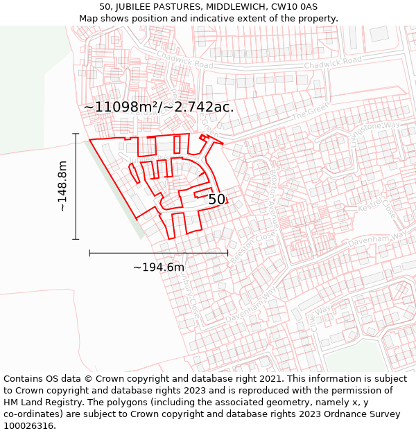 50, JUBILEE PASTURES, MIDDLEWICH, CW10 0AS: Plot and title map