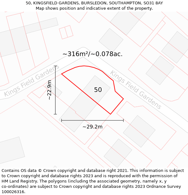 50, KINGSFIELD GARDENS, BURSLEDON, SOUTHAMPTON, SO31 8AY: Plot and title map