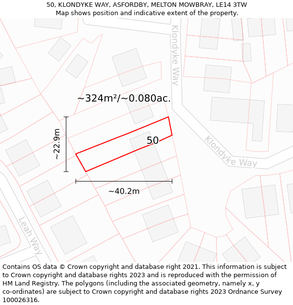 50, KLONDYKE WAY, ASFORDBY, MELTON MOWBRAY, LE14 3TW: Plot and title map