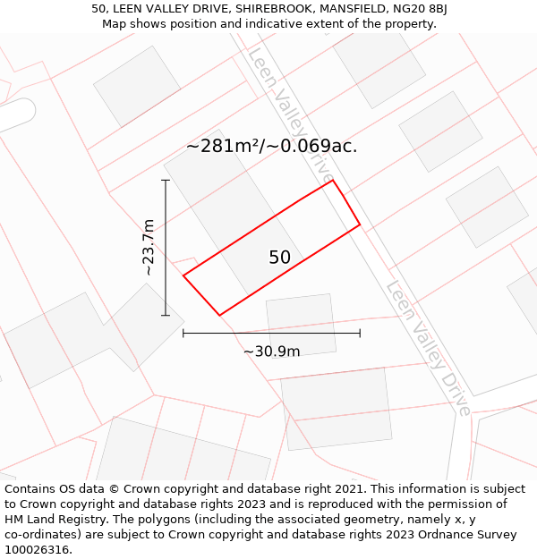 50, LEEN VALLEY DRIVE, SHIREBROOK, MANSFIELD, NG20 8BJ: Plot and title map