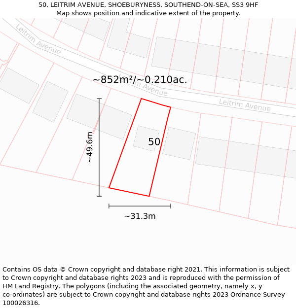 50, LEITRIM AVENUE, SHOEBURYNESS, SOUTHEND-ON-SEA, SS3 9HF: Plot and title map