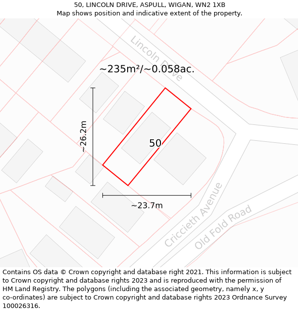 50, LINCOLN DRIVE, ASPULL, WIGAN, WN2 1XB: Plot and title map