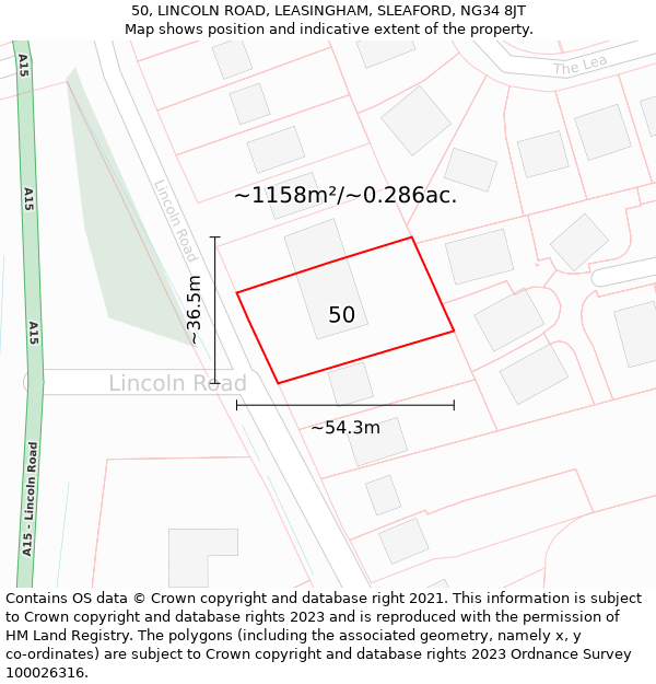 50, LINCOLN ROAD, LEASINGHAM, SLEAFORD, NG34 8JT: Plot and title map