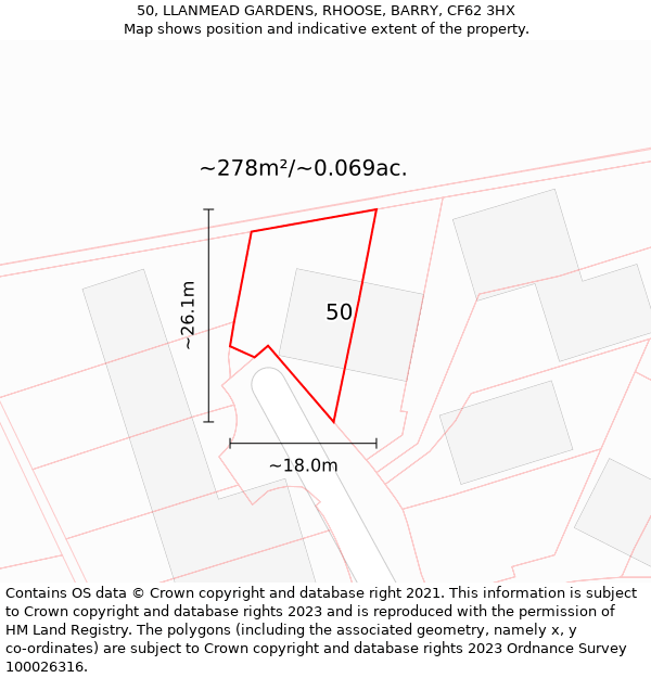 50, LLANMEAD GARDENS, RHOOSE, BARRY, CF62 3HX: Plot and title map