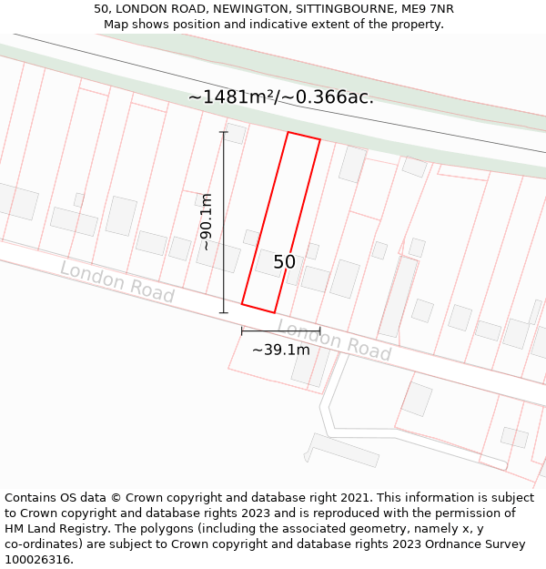 50, LONDON ROAD, NEWINGTON, SITTINGBOURNE, ME9 7NR: Plot and title map