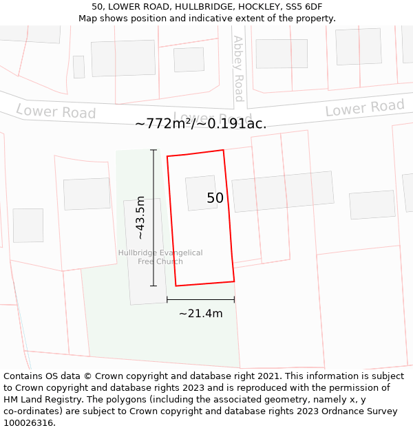 50, LOWER ROAD, HULLBRIDGE, HOCKLEY, SS5 6DF: Plot and title map