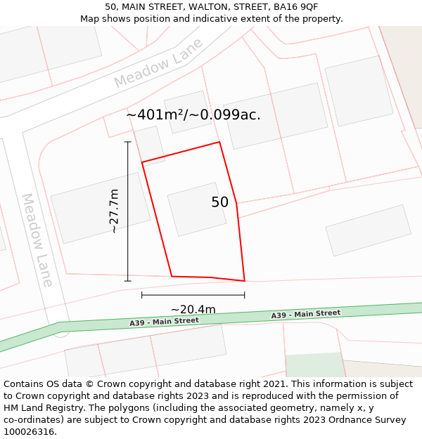 50, MAIN STREET, WALTON, STREET, BA16 9QF: Plot and title map