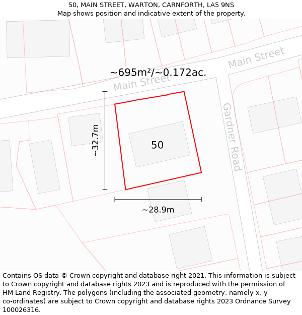 50, MAIN STREET, WARTON, CARNFORTH, LA5 9NS: Plot and title map