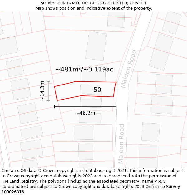 50, MALDON ROAD, TIPTREE, COLCHESTER, CO5 0TT: Plot and title map