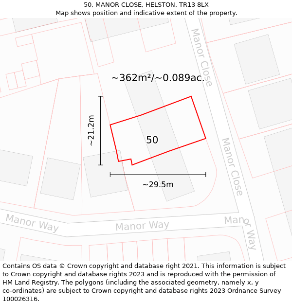 50, MANOR CLOSE, HELSTON, TR13 8LX: Plot and title map