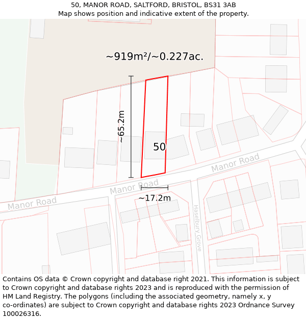 50, MANOR ROAD, SALTFORD, BRISTOL, BS31 3AB: Plot and title map