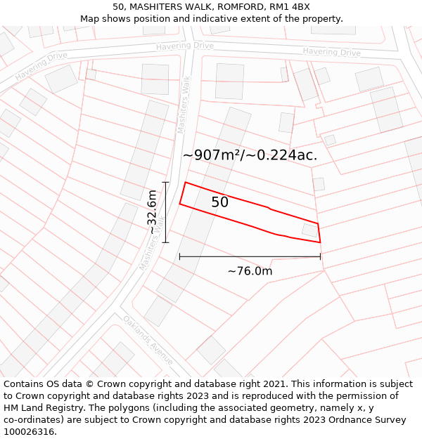 50, MASHITERS WALK, ROMFORD, RM1 4BX: Plot and title map