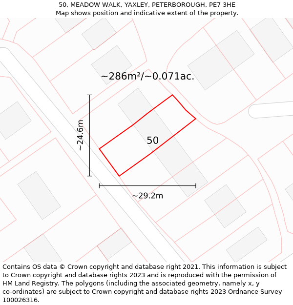 50, MEADOW WALK, YAXLEY, PETERBOROUGH, PE7 3HE: Plot and title map