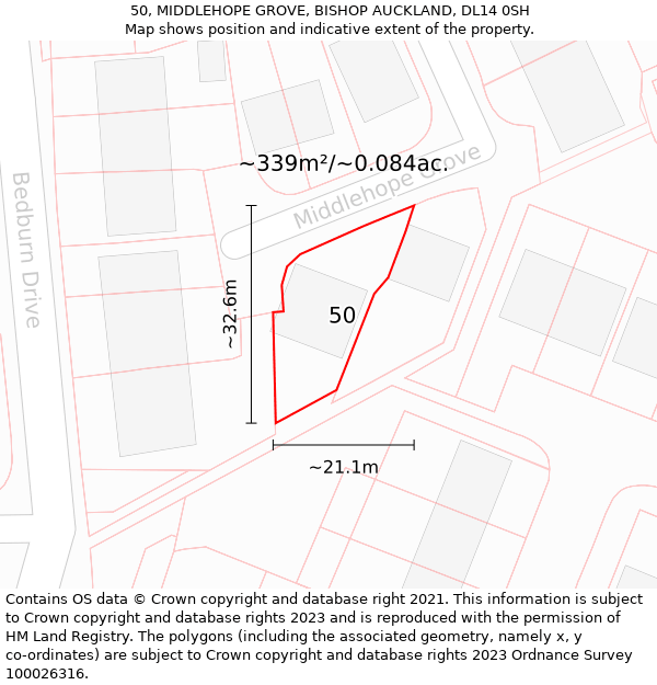 50, MIDDLEHOPE GROVE, BISHOP AUCKLAND, DL14 0SH: Plot and title map