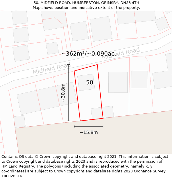 50, MIDFIELD ROAD, HUMBERSTON, GRIMSBY, DN36 4TH: Plot and title map