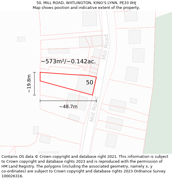 50, MILL ROAD, WATLINGTON, KING'S LYNN, PE33 0HJ: Plot and title map