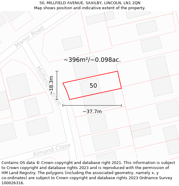 50, MILLFIELD AVENUE, SAXILBY, LINCOLN, LN1 2QN: Plot and title map