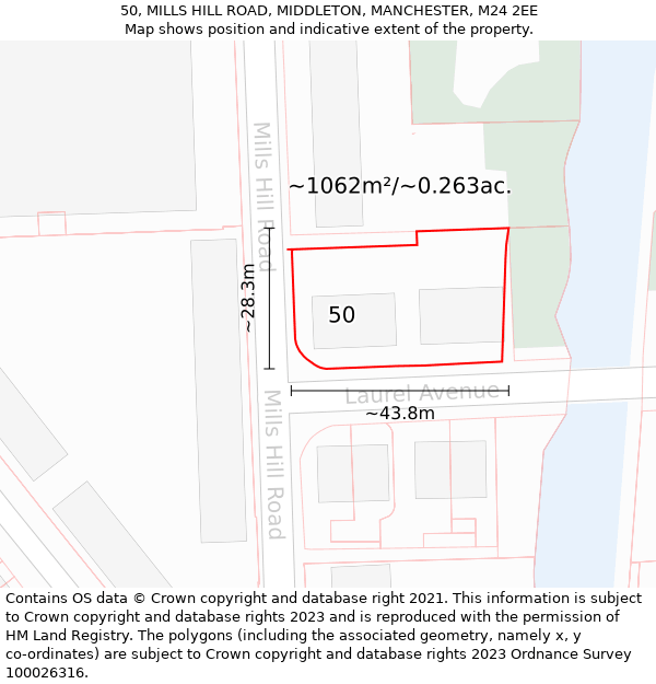 50, MILLS HILL ROAD, MIDDLETON, MANCHESTER, M24 2EE: Plot and title map