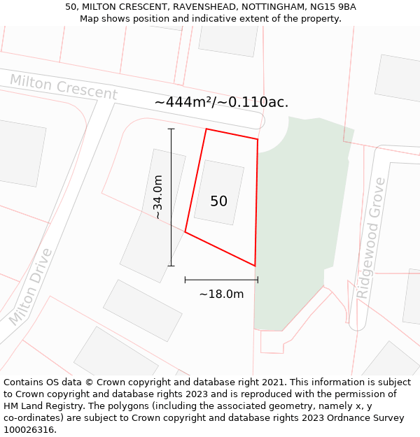 50, MILTON CRESCENT, RAVENSHEAD, NOTTINGHAM, NG15 9BA: Plot and title map