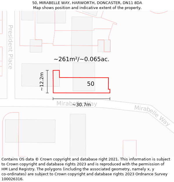 50, MIRABELLE WAY, HARWORTH, DONCASTER, DN11 8DA: Plot and title map